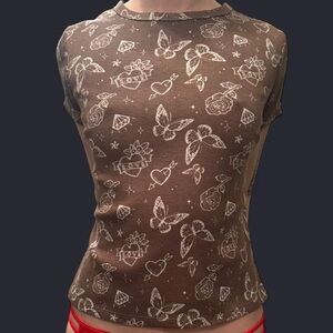 Vintage / Butterfly & Heart Baby Tee / Tattoo Print / Brown & White / Size XL